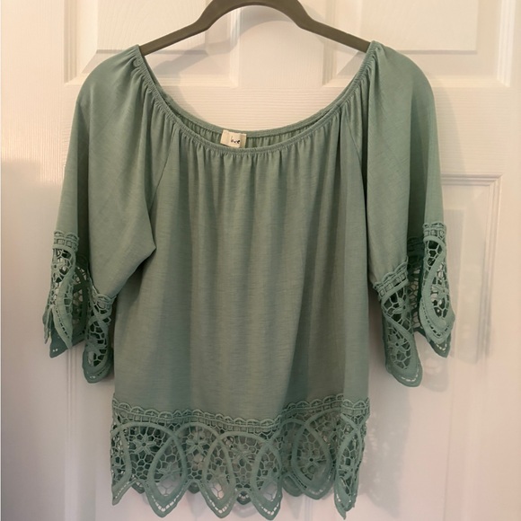 Love Tops - NWOT, Love Sage Med. Green Lace Accent Blouse